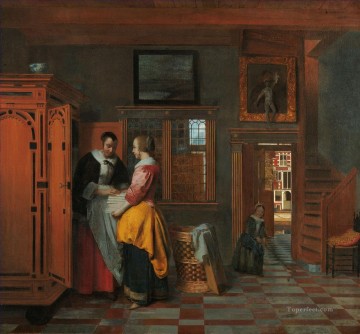 Pieter de Hooch Painting - At the Linen Closet genre Pieter de Hooch
